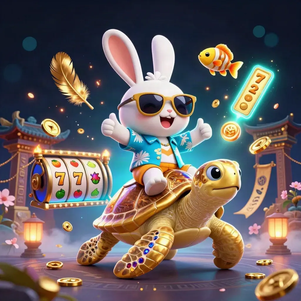 Lucky rabbit rides jeweled turtle amid neon casino magic, coins, runes, and glowing particles