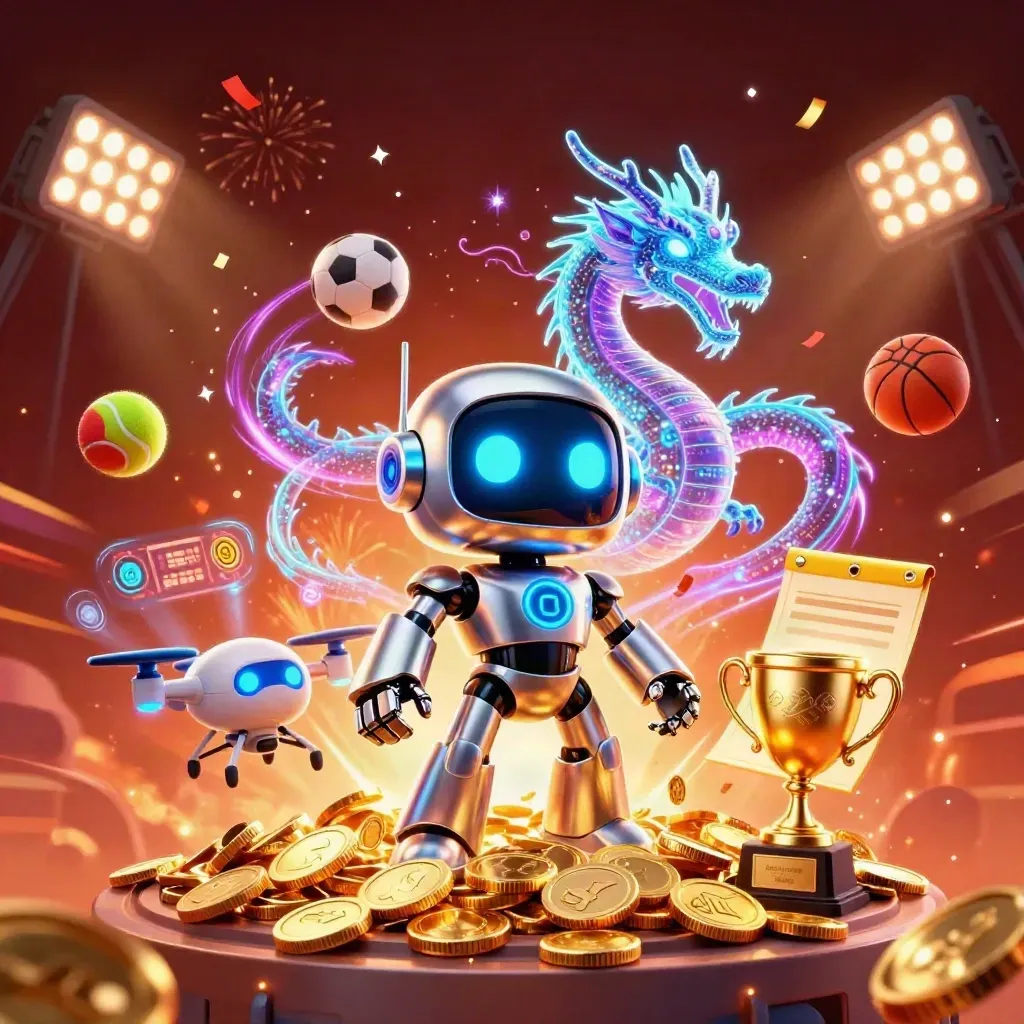 Cyberpunk robot, holographic dragon and coin drone amid exploding gold coins and sports balls