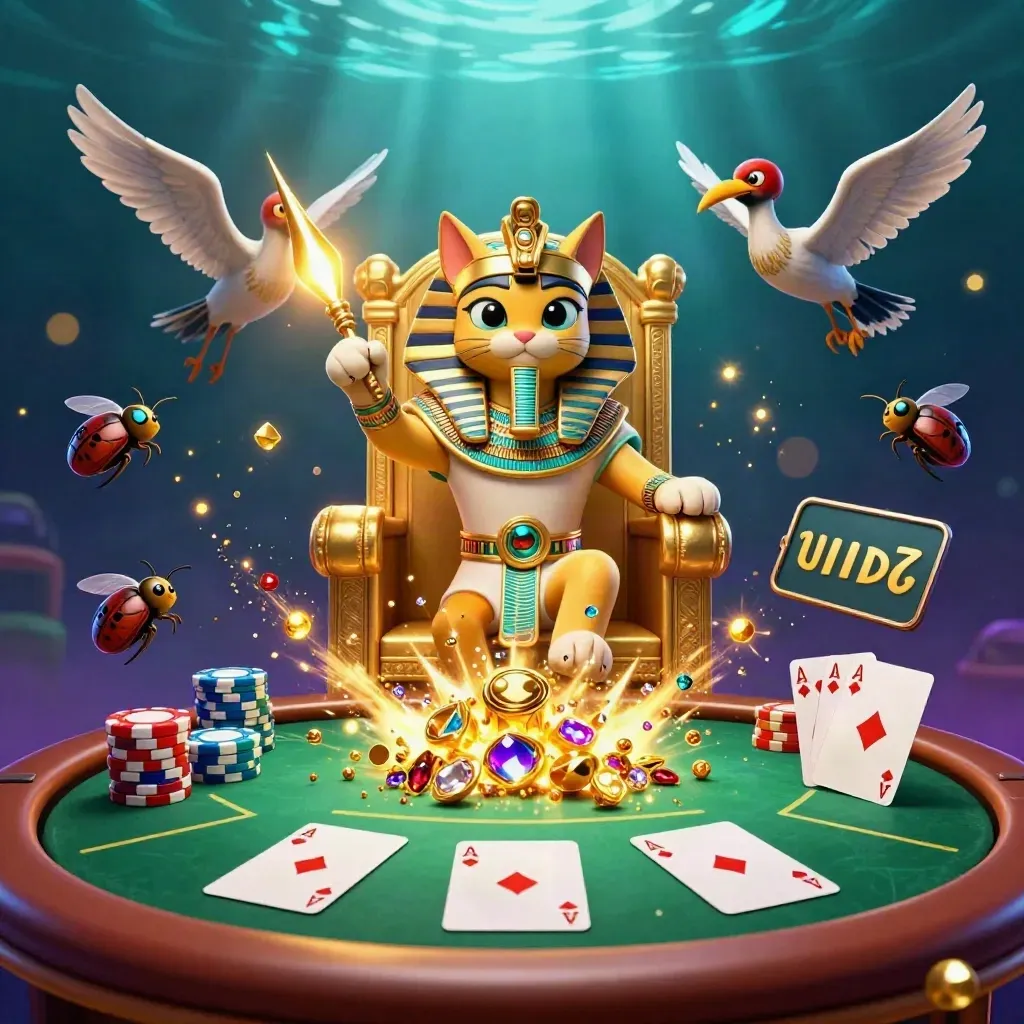 Pharaoh cat and ibis scribe amid gold coins, chips, and scarab beetles in a neon casino glow.