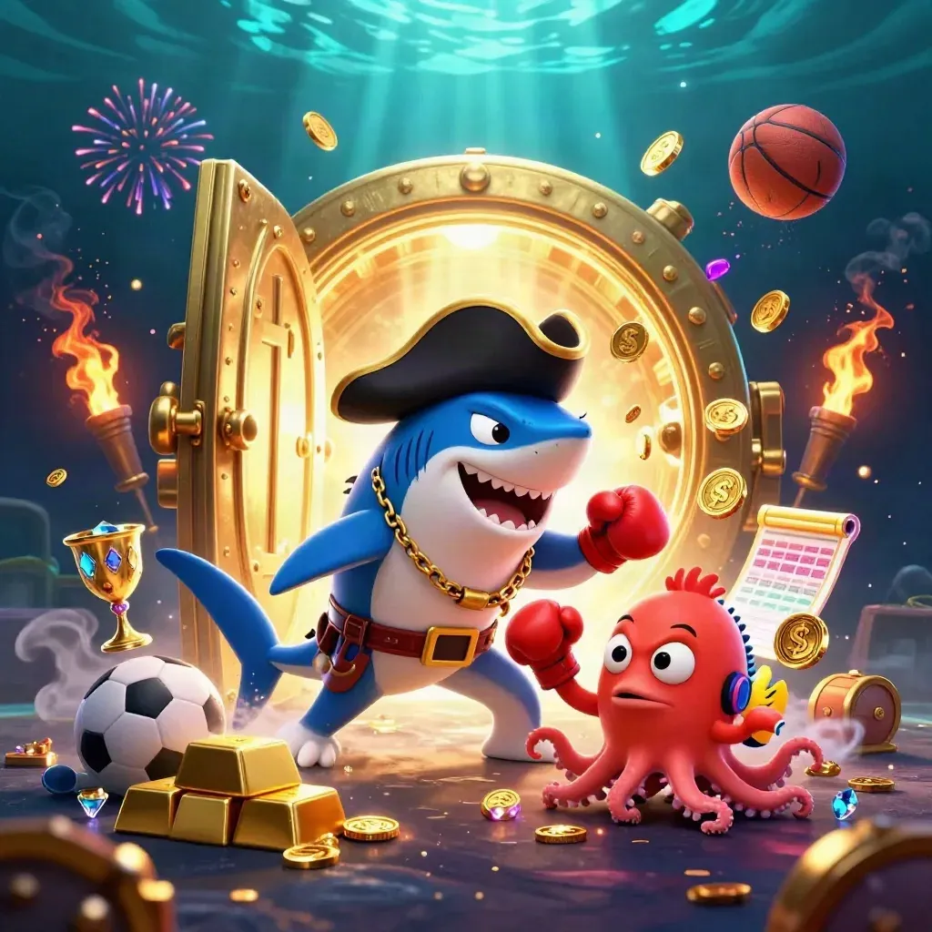 Shark pirate, boxing pufferfish, and coin-juggling octopus burst from a gold vault underwater.