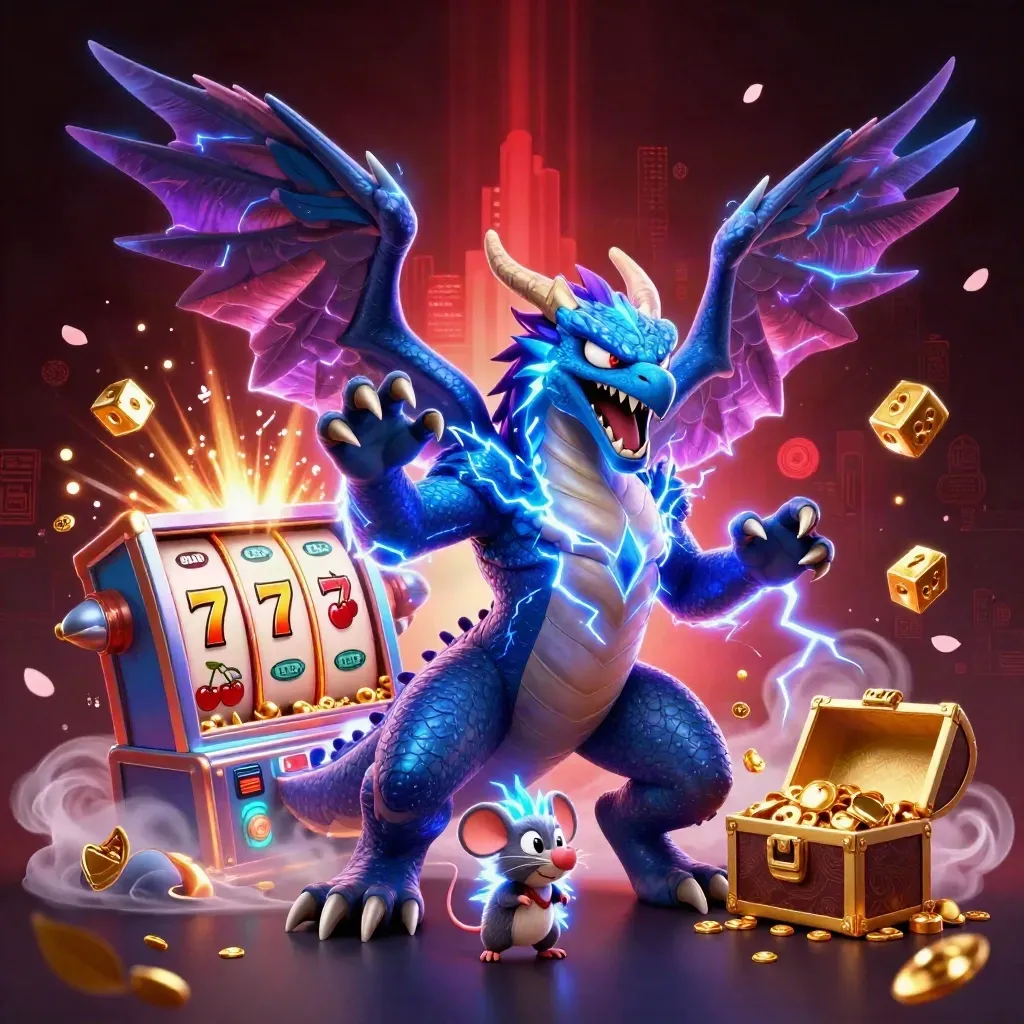 Thunder dragon, wind hawk and static mouse with slot jackpot burst in neon casino art