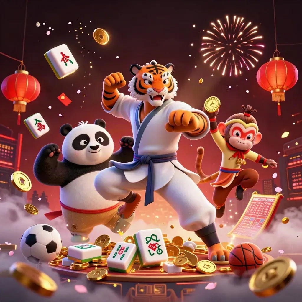 Tiger, panda, and monkey burst through coins and fireworks in a neon casino scene.