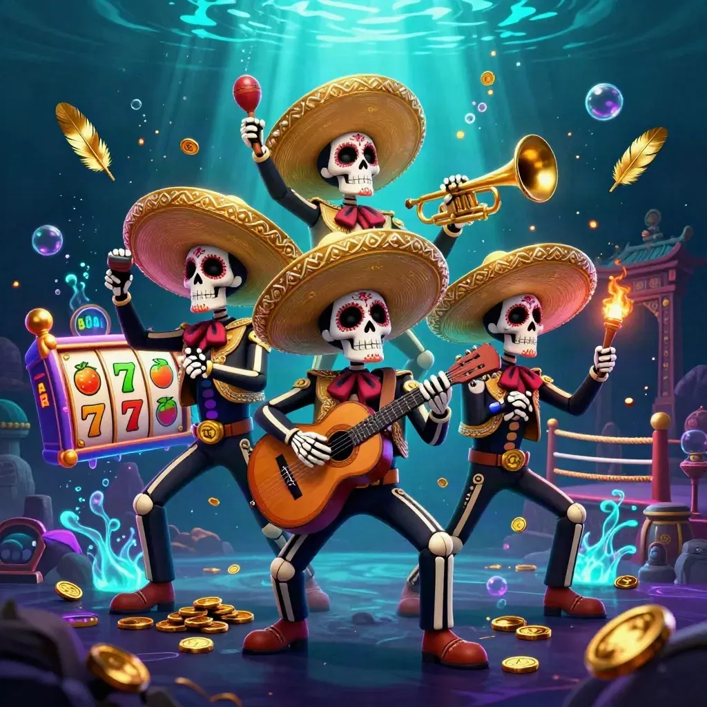 Sugar-skull mariachi skeleton trio amid casino loot, underwater glow, and neon effects.