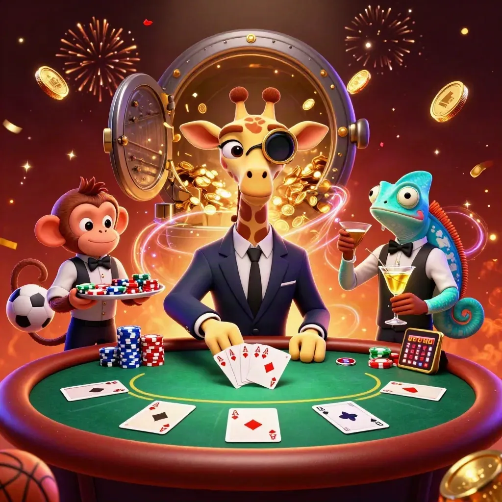 Giraffe, monkey, and chameleon at a VIP poker table amid coins, fireworks, and casino glow.