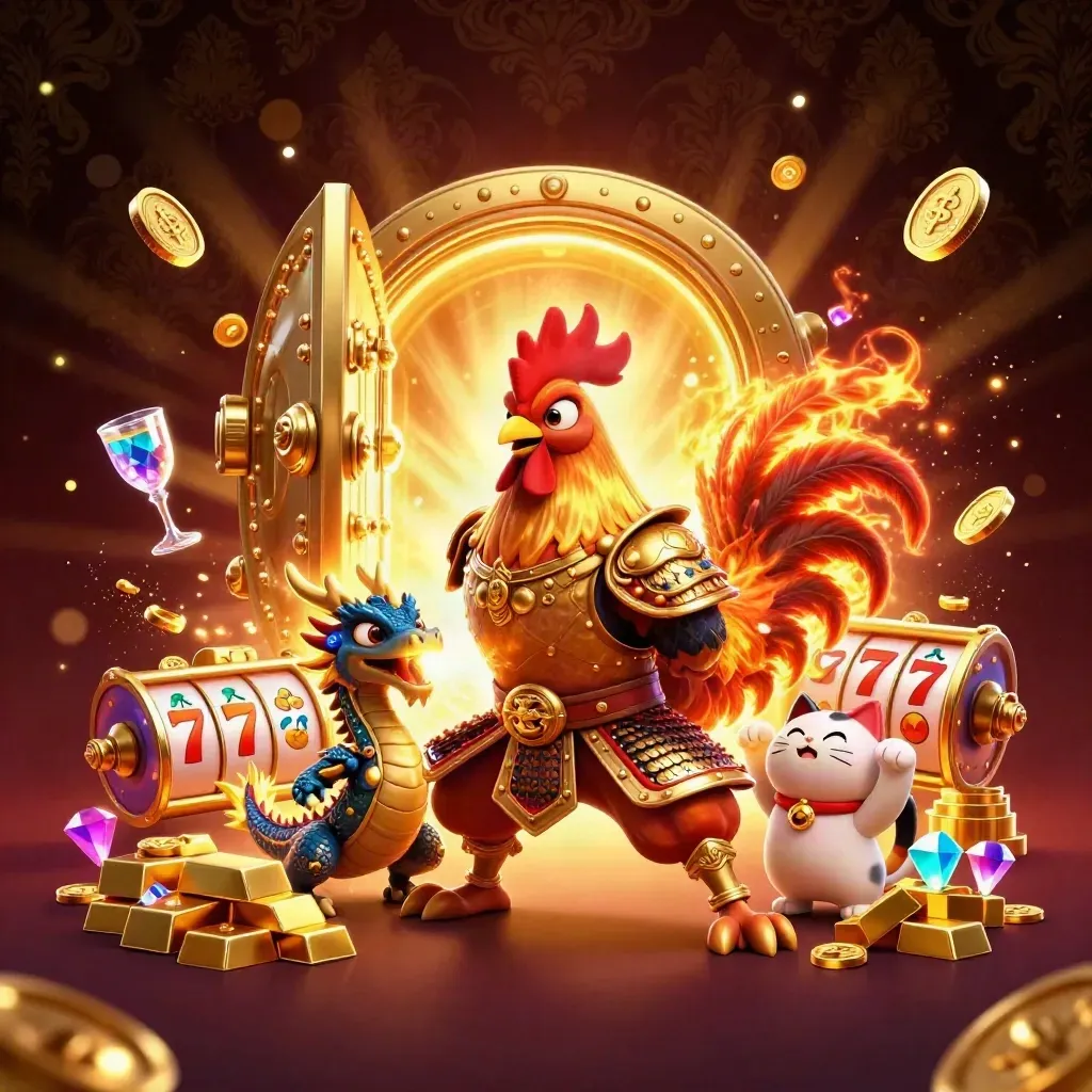 Rooster warrior, dragon hatchling, and fortune cat burst from a glowing gold vault in neon casino style