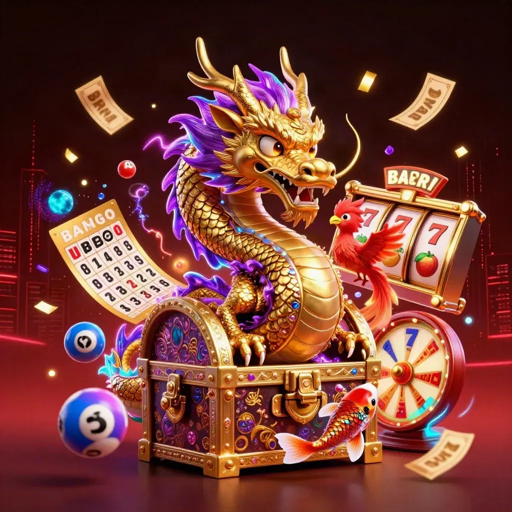 Golden dragon, phoenix, koi, and casino effects exploding in a neon dark scene.
