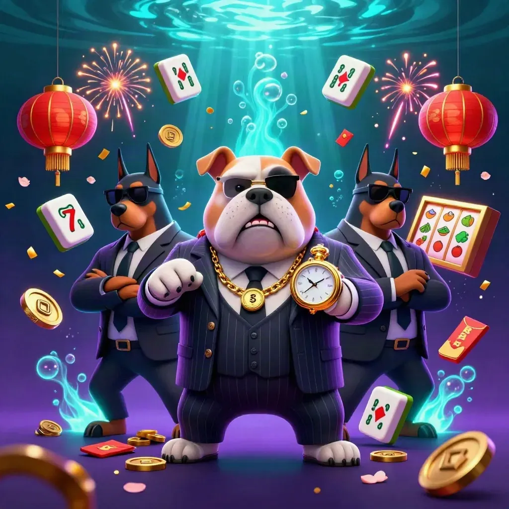 Bulldog mafia boss and two Dobermans amid casino symbols in a glowing underwater scene