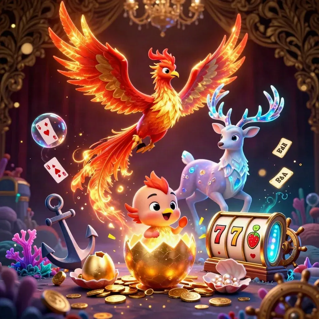 Phoenix, hatching chick, and crystal stag amid casino treasure, coin shower, and glowing slot symbols.