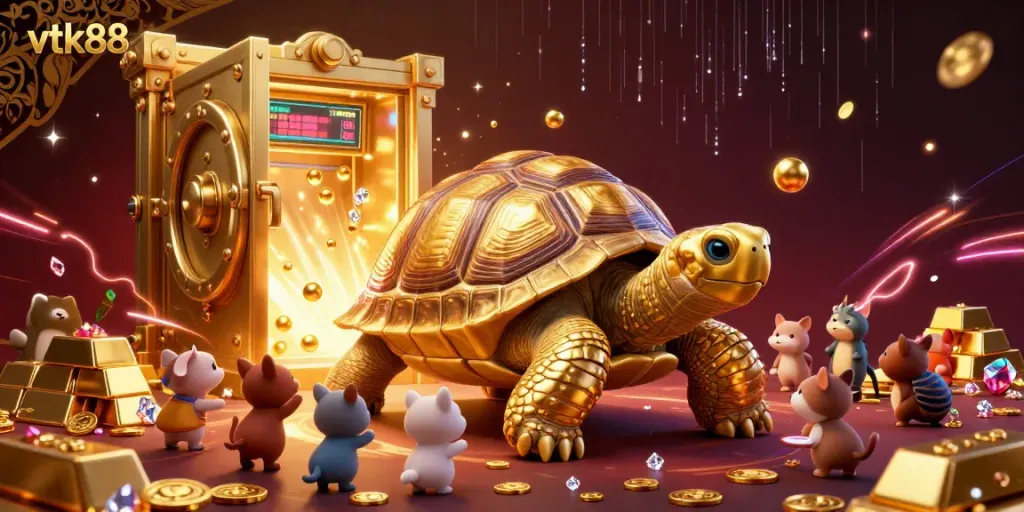 Experience high-stakes fun with vtk88's colossal tortoise pinball machine amid golden treasures.