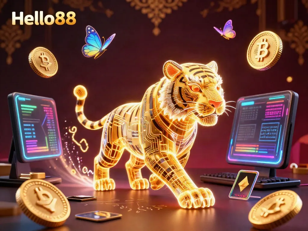 Engage with Hello88's exciting 3D digital casino realm featuring a golden tiger and crypto coins.