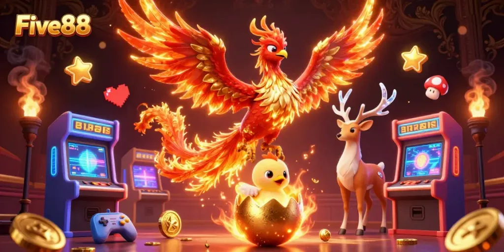 Experience thrilling wins at Five88 with vibrant 3D casino elements and captivating characters.