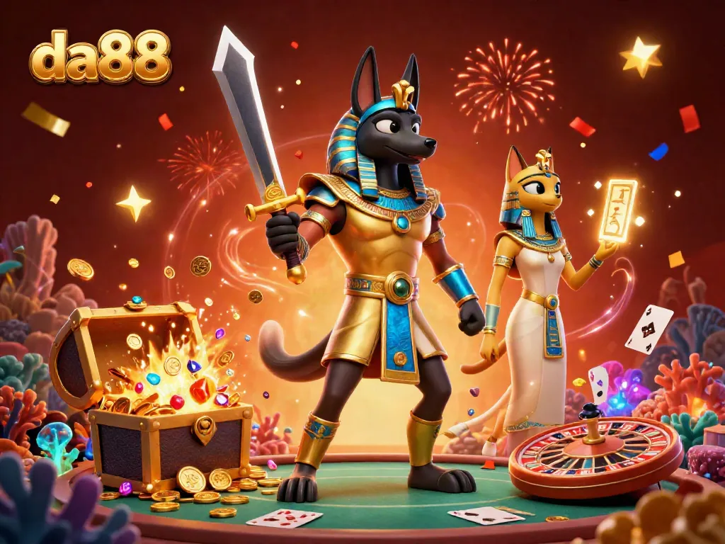 Engage with da88's thrilling casino offerings, featuring a dynamic Anubis warrior, a sacred cat, and vibrant casino elements.