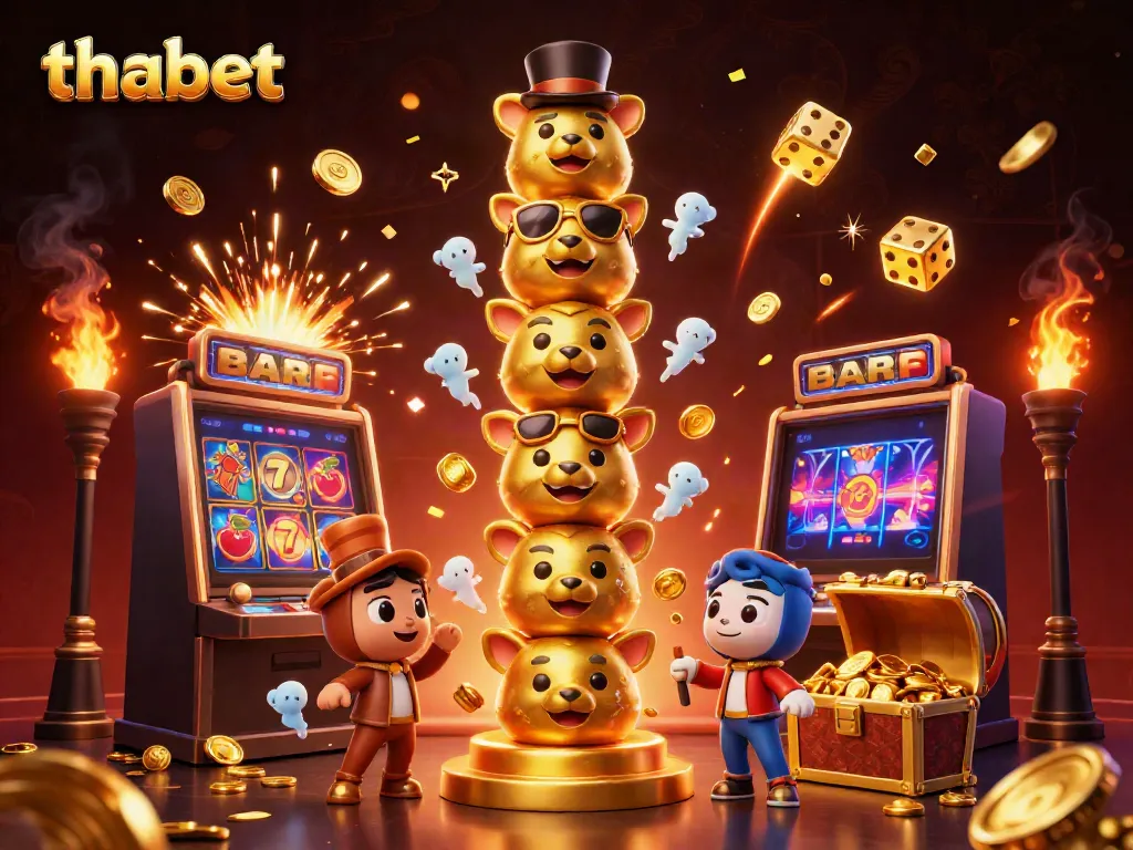 Experience thrilling gaming action at thabet with dynamic slot machines and a vibrant totem illustration.