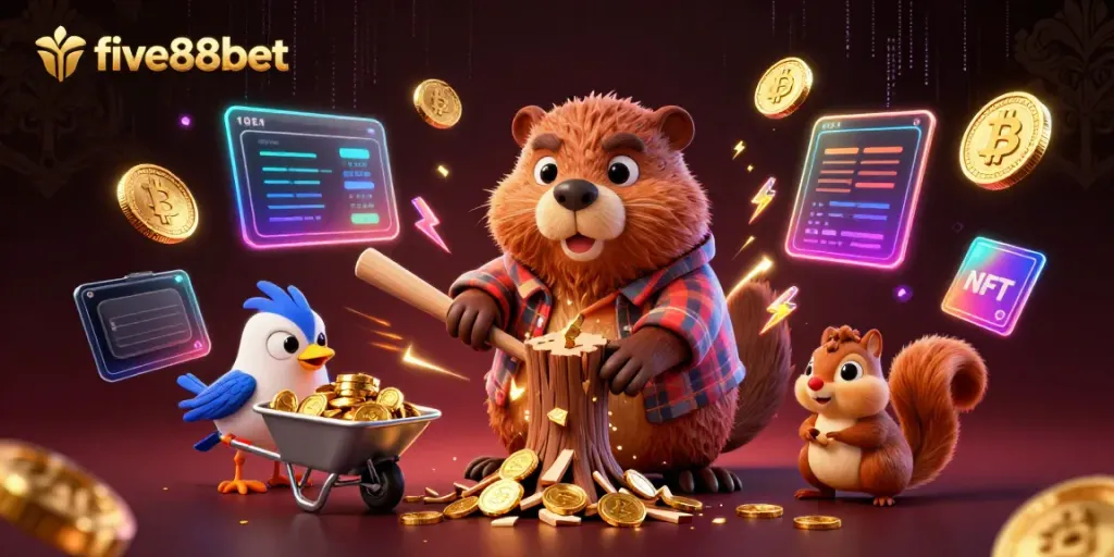 Experience winning with five88bet's vibrant 3D illustration of enchanting casino elements and characters.