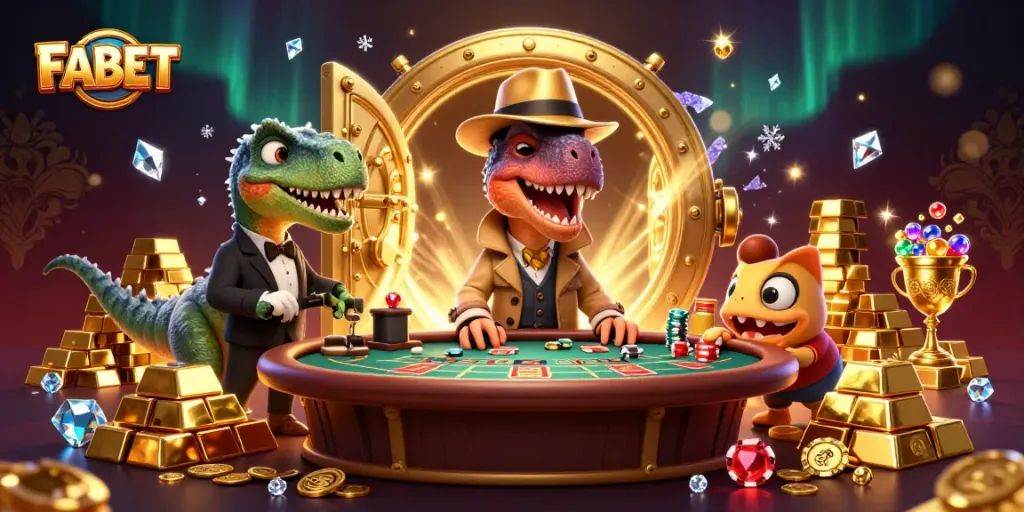 FABET brings excitement through a dynamic casino scene with characters revealing strategic play and big wins.