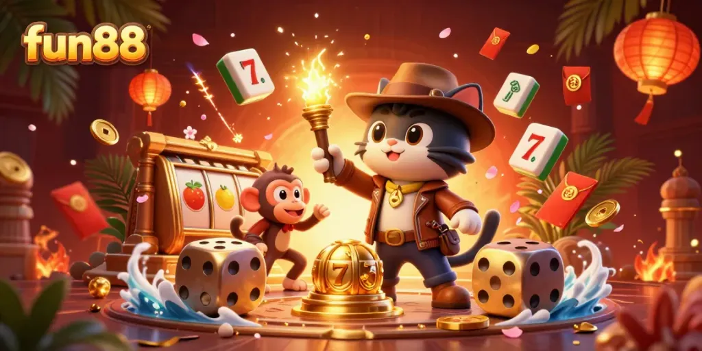 Engage in fun88's thrilling slot adventures featuring scattered lucky symbols and vibrant atmosphere.