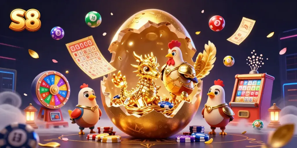 Experience S8 casino excitement with a golden dragon and vibrant lottery elements in a dynamic scene.