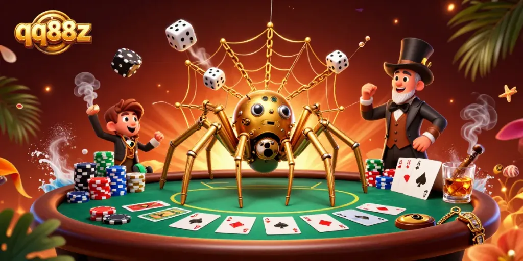 Experience thrilling gameplay with qq88z at a vibrant steampunk casino scene filled with poker action.