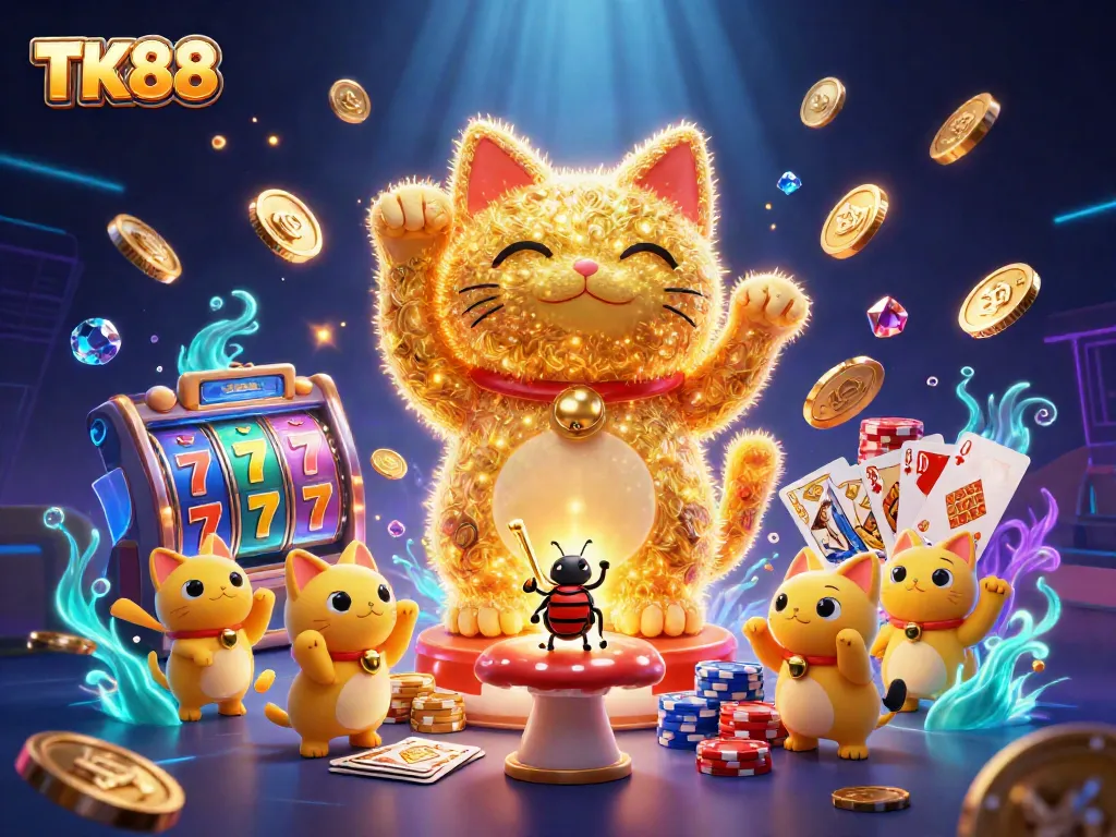 Engaging scene of TK88's dynamic gaming universe featuring a lucky cat and plenty of vibrant casino elements.