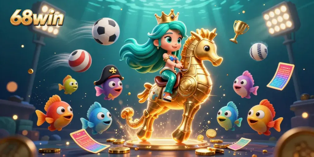 Engage in thrilling gaming at 68win with a rich underwater scene featuring a mermaid and golden seahorse.
