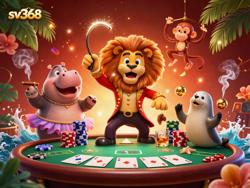 Experience the excitement of sv368 with lively circus characters enjoying a vibrant poker scene.