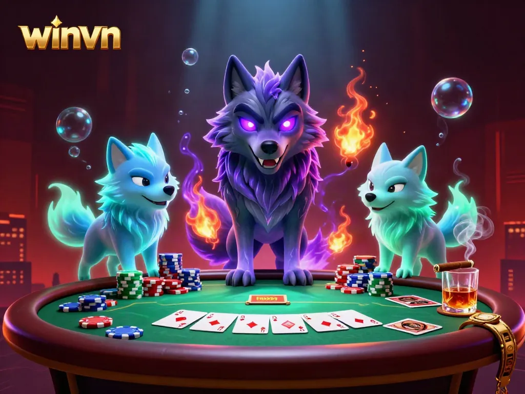 Winvn commandingly displays a thrilling poker scene with ghostly wolves and vibrant game elements.