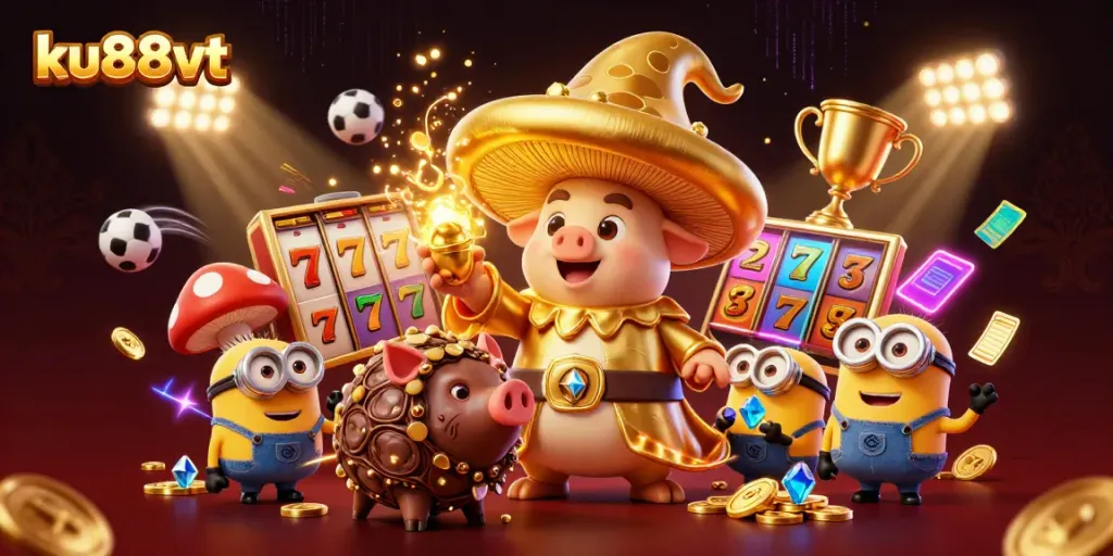 Experience the magic of ku88vt with golden mushroom wizard, treasure, and casino elements.