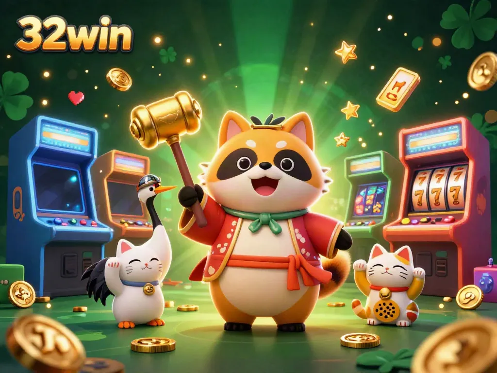 Engage with 32win's vibrant gaming scene featuring cheerful characters and dynamic casino elements.
