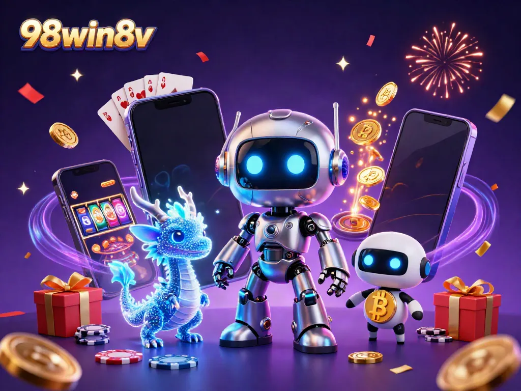 Experience thrilling gaming at 98win8v with vibrant robots and casino elements.
