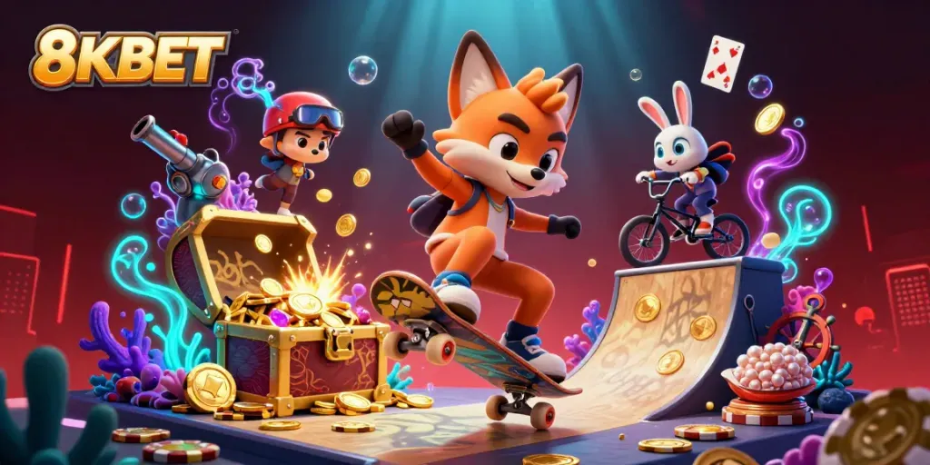 Experience the thrill of 8KBET's online gaming with a dynamic scene full of action and casino elements.