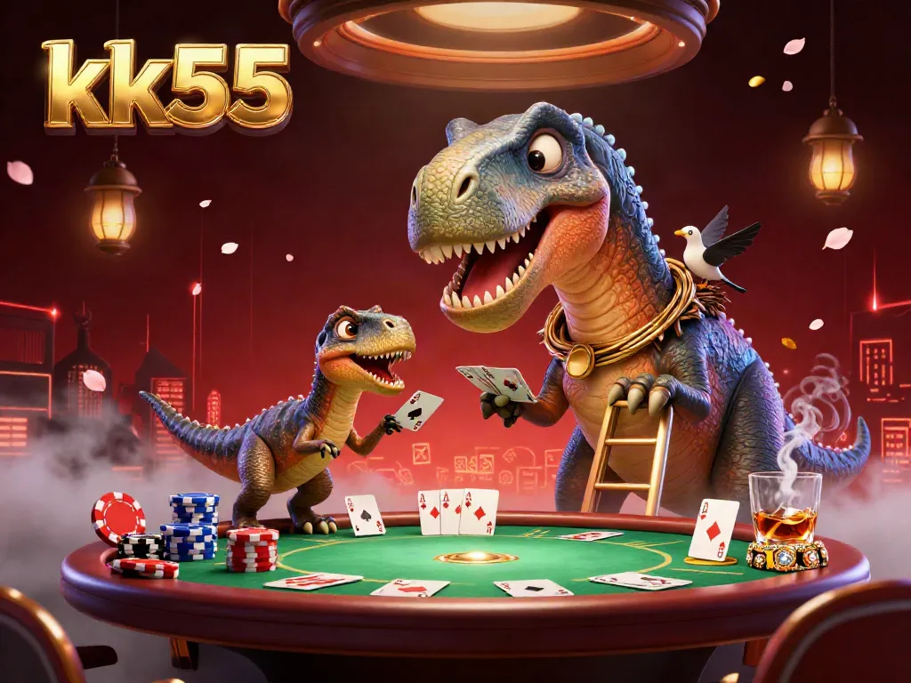 kk55 showcases a brontosaurus in a lively casino, dealing cards and surrounded by poker elements.
