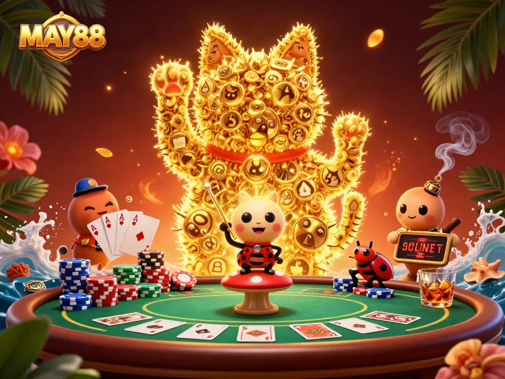 MAY88 invites players to experience thrilling casino games with a vibrant giant lucky cat and coins.