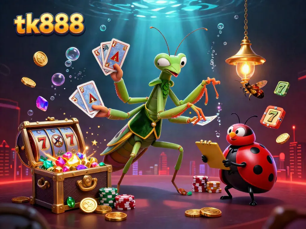 Experience thrilling gameplay at tk888 with a vibrant 3D illustration of a card sharp, ladybug pit boss, and slot machines amidst a dazzling casino backdrop.