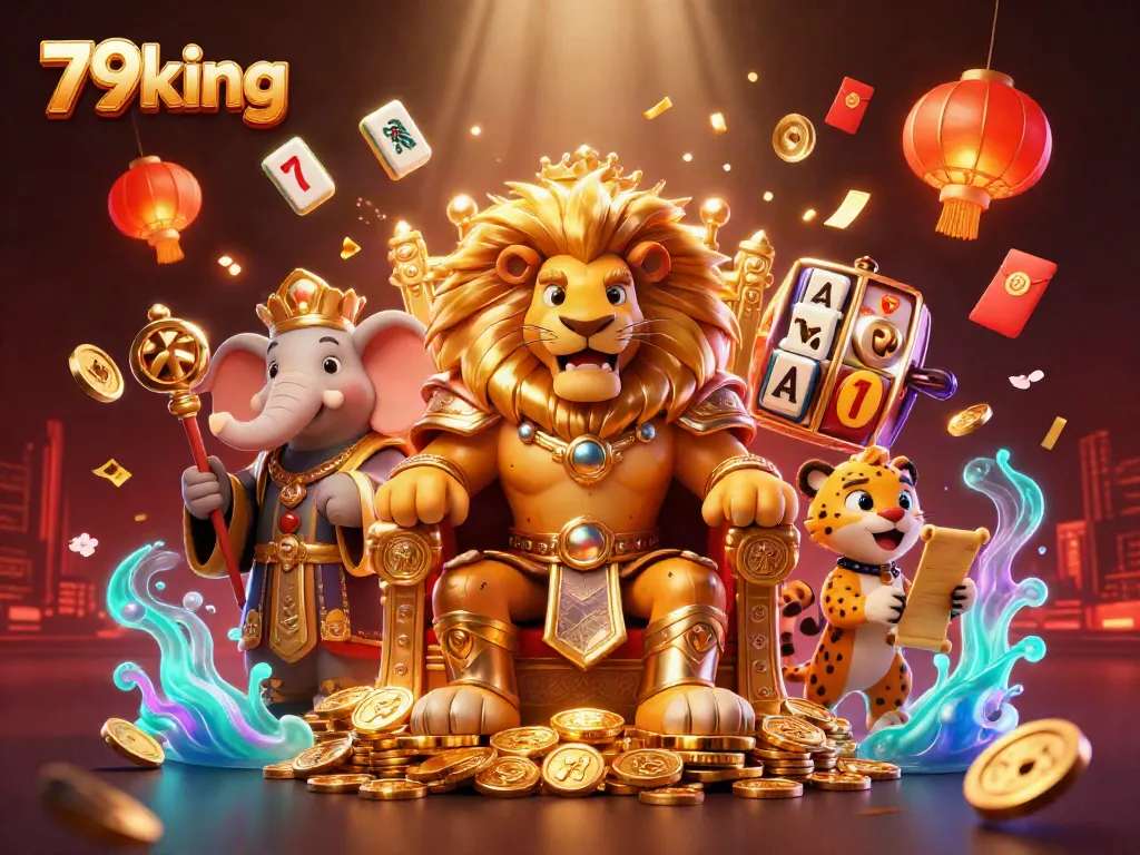 Experience the excitement of 79king with vibrant casino elements in a captivating 3D scene.
