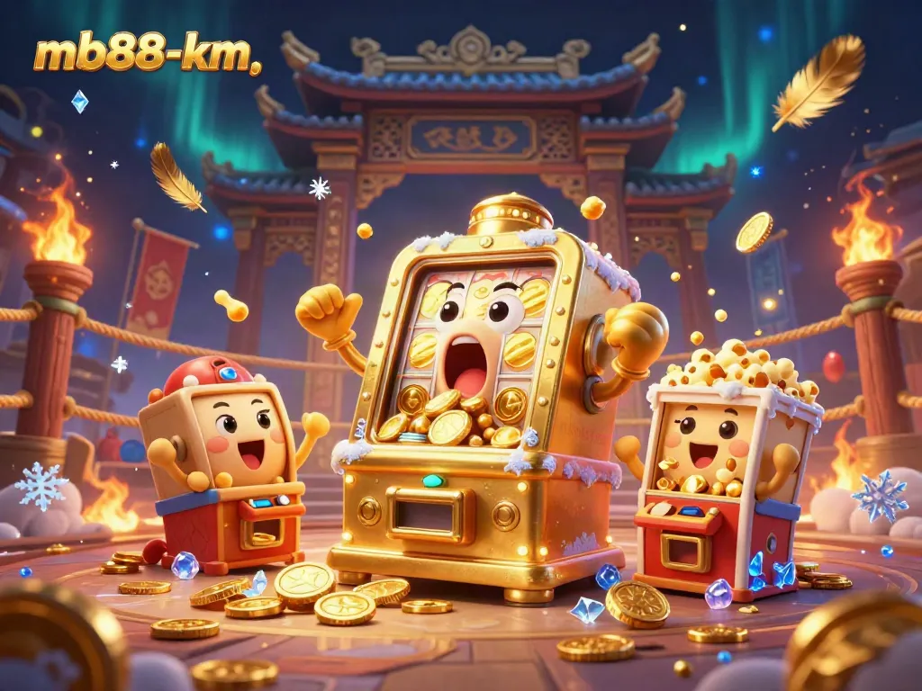 Engage with the excitement of mb88-km's casino world as a golden slot machine hits the jackpot, surrounded by cheering machines.