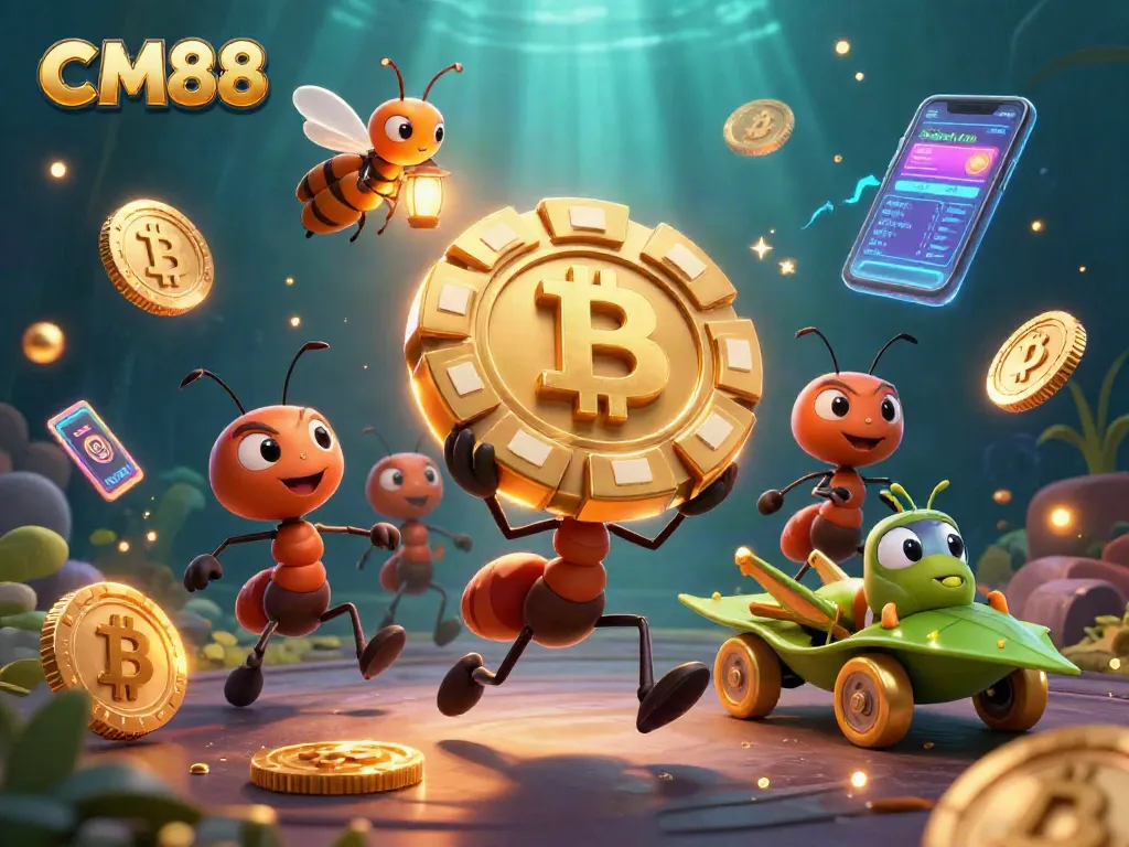 CM88 showcases a dynamic scene of ants in a heist with poker chips and crypto elements.