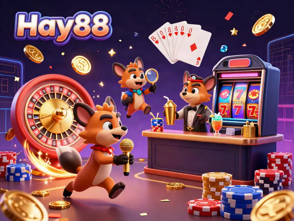 Experience fun at Hay88 casino with lively hyena characters enjoying games, drinks, and entertainment.