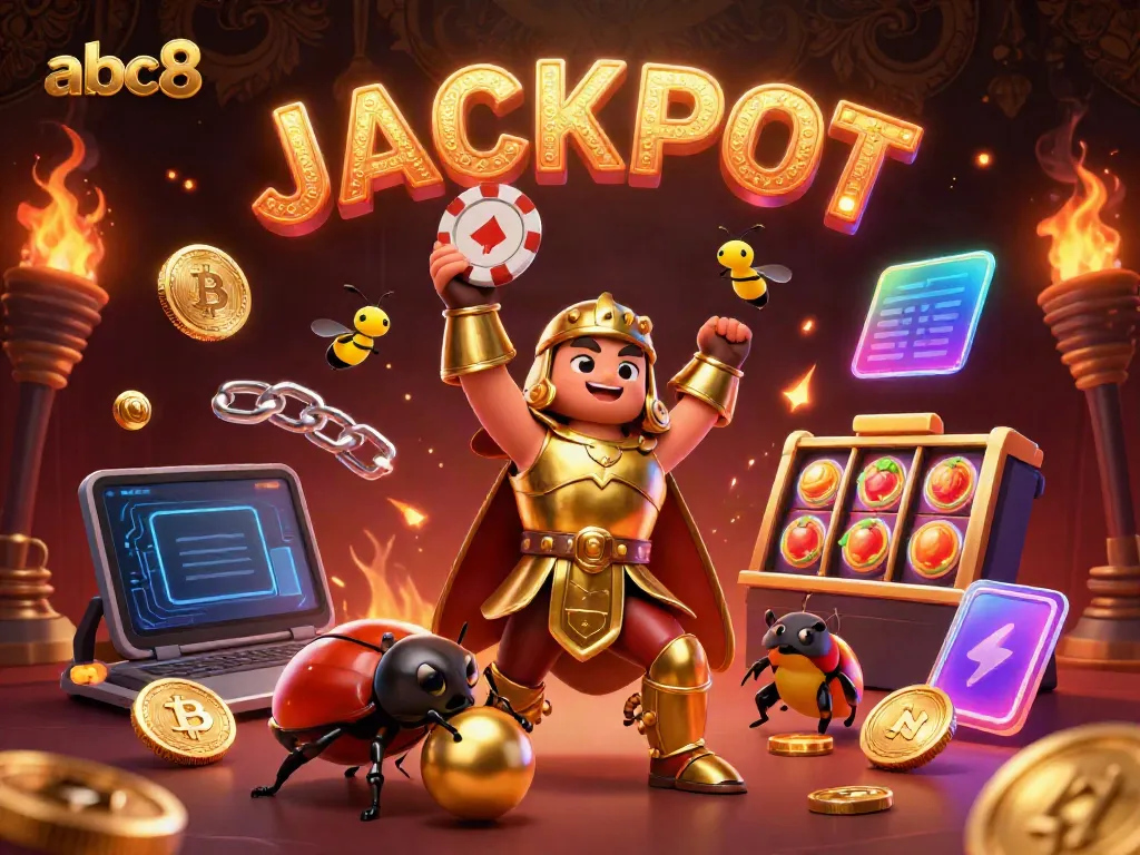 Experience the thrill of abc8 as the victorious beetle lifts a poker chip in celebration amidst glowing casino elements.
