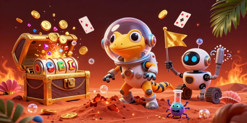 FABET showcases a vibrant casino scene with a Martian gecko and floating slot reels, exploding treasure chests, and more.