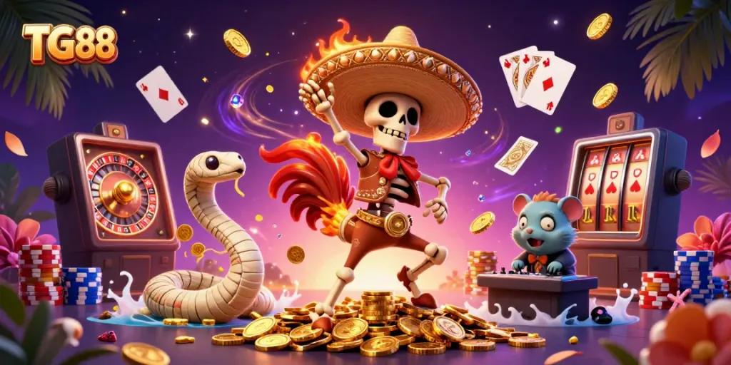 Celebrate wins with TG 88 featuring a lively scene of a skeleton mariachi rooster dancing on gold coins.