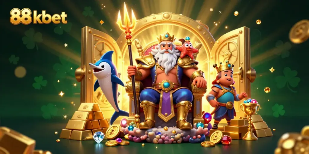 Experience the excitement of 88 kbet with Neptune and treasure-themed elements in captivating 3D art.