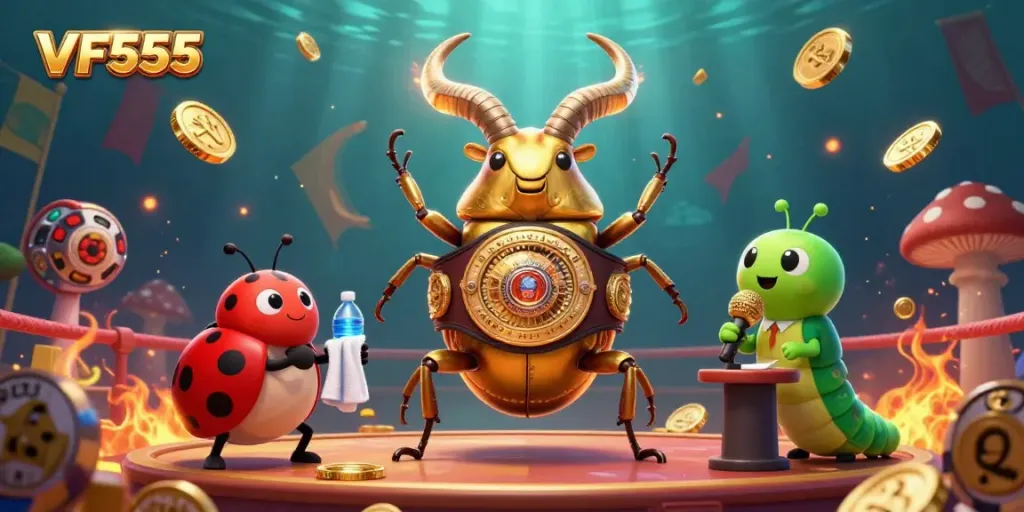 Experience the excitement of VF555 with vibrant golden stag beetle characters in a dynamic casino scene.