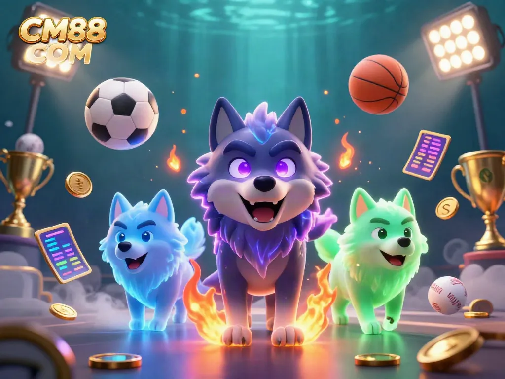 Experience thrilling betting action with CM88 COM, featuring a dynamic scene with ghostly wolves and sports elements.
