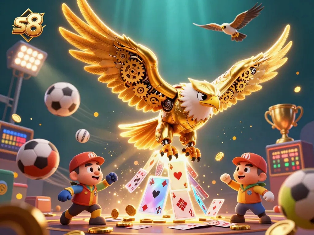 Engage with the thrilling world of s8 casino games, showcasing a dynamic scene with golden eagle and sports elements.