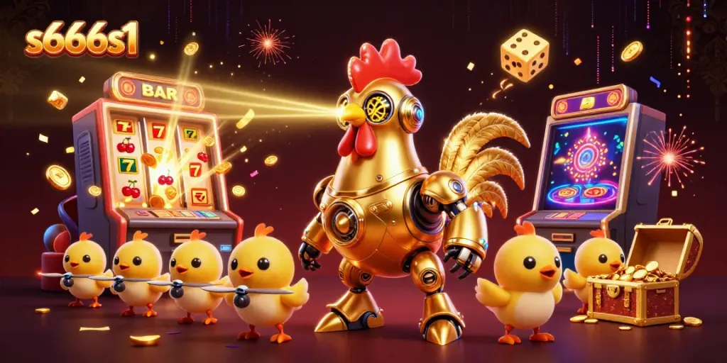 Engage in thrilling gameplay at s666s1 with a retro-futuristic casino adventure surrounded by vibrant gaming elements and excitement.