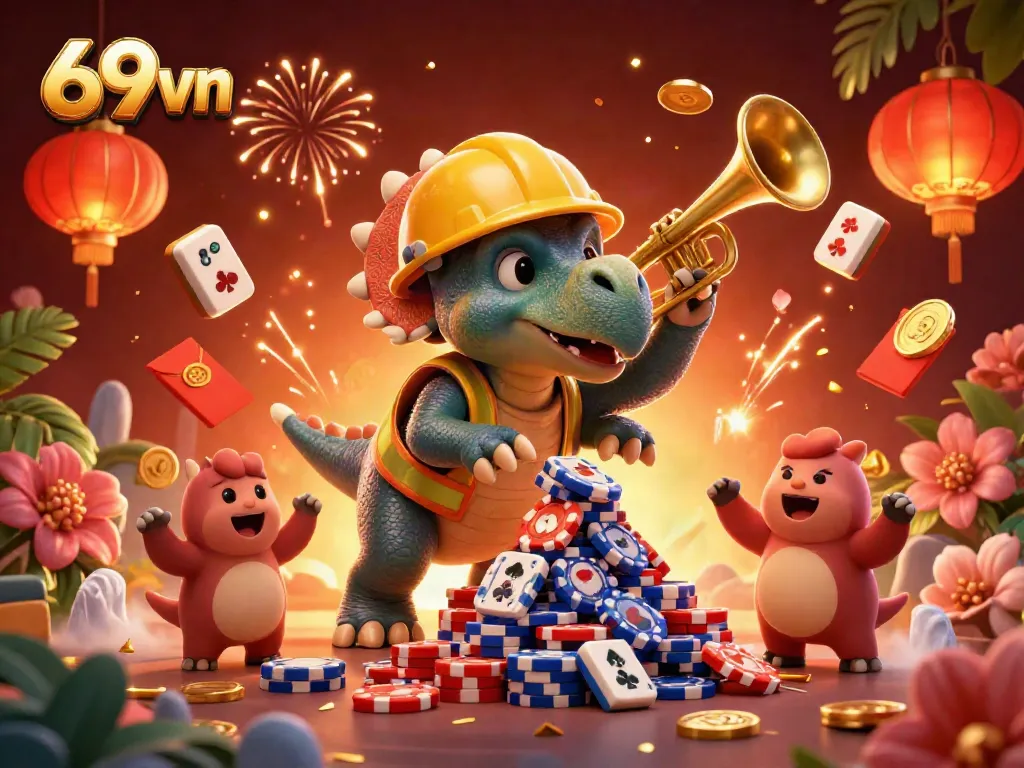 Engage in thrilling gameplay at 69vn with vibrant 3D casino characters surrounded by festive gaming elements.