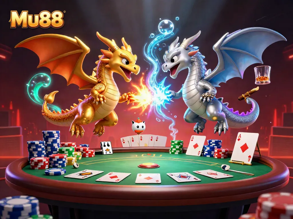 Engage with thrilling Mu88 action featuring gold and silver dragons amidst a vibrant casino scene.