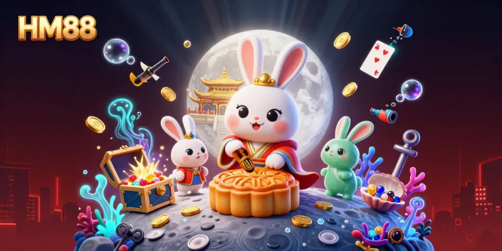 Engage with HM88's vibrant moon rabbit scene, featuring playful gaming elements and a mystical moon backdrop.