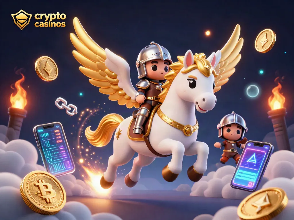 Engage with crypto online casinos through vibrant 3D visuals of gaming and cryptocurrency excitement.
