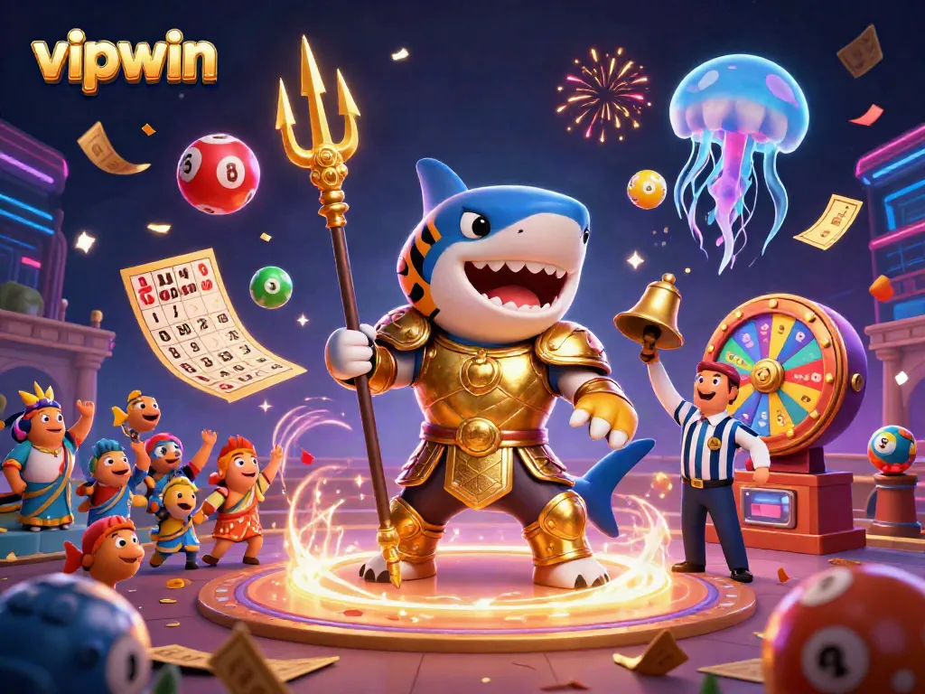 Engage with vipwin's thrilling underwater casino showdown featuring a shark in gladiator armor and festive game elements.